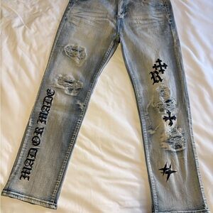 G STR Distressed Light Blue Jeans with Black Graphics